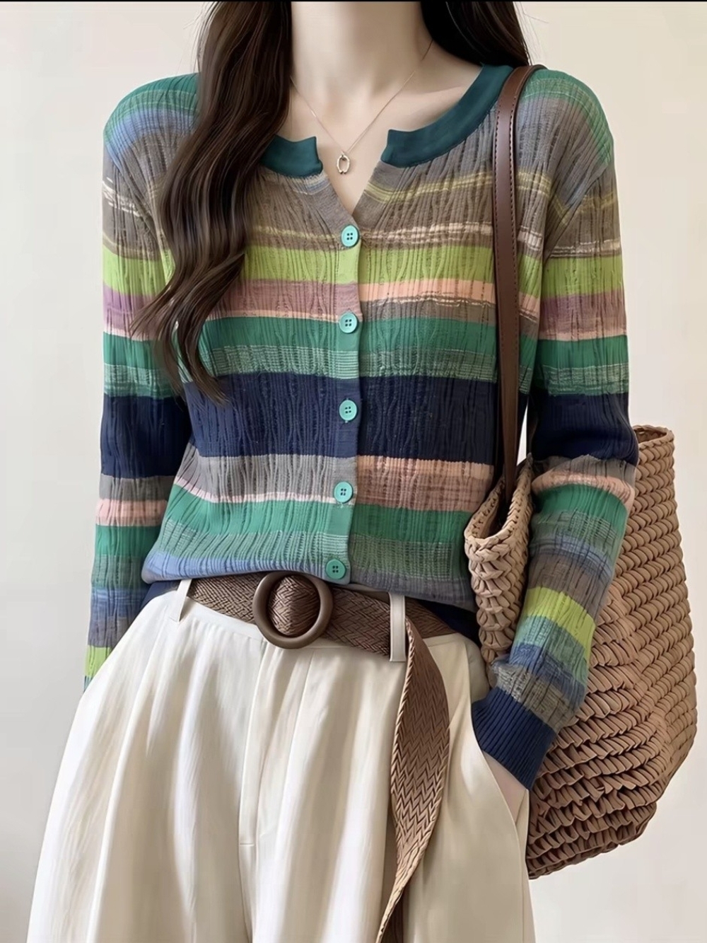 Striped Multicolor Lightweight Button-Up Sweater Cardigan